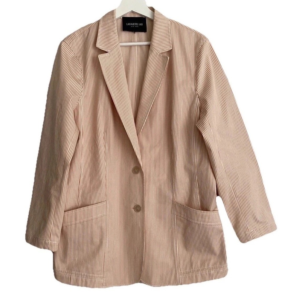 LAFAYETTE 148 Coral‎ Ivory Striped Boston Blazer Women's Light Stretch Luxury L